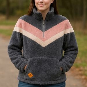 Simply Southern Chevron Sherpa Pullover | Fuzzy 1/4 Zip Cozy Jacket Grey Pink